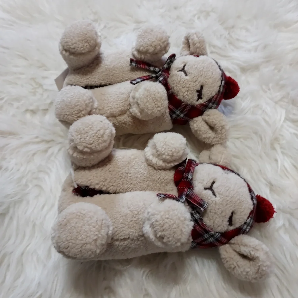 Zara Sheep Plush House Slippers in Cream with Red Plaid Accents